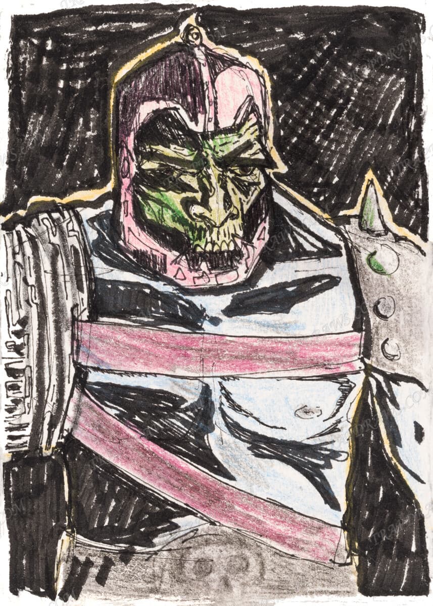 Colored pencil and ink portrait of Trap Jaw in a pink and green helmet with a crimson sash across the chest, against dense black cross-hatching.