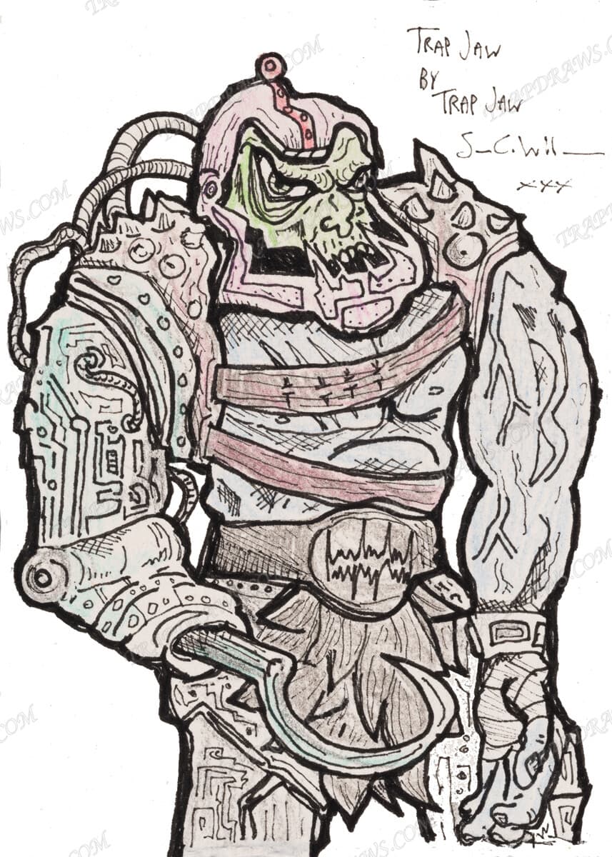 Full-figure colored pencil and ink drawing of Trap Jaw with a circuit-etched arm and hook, hand-titled and signed by Sam C. Wilson.