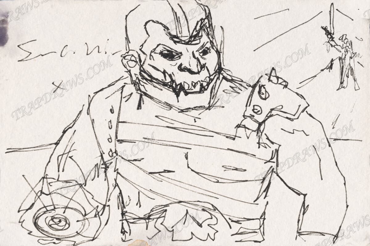 Ink sketch of Trap Jaw in bandolier and mechanical arm, a distant sword-bearing figure on the horizon at upper right.