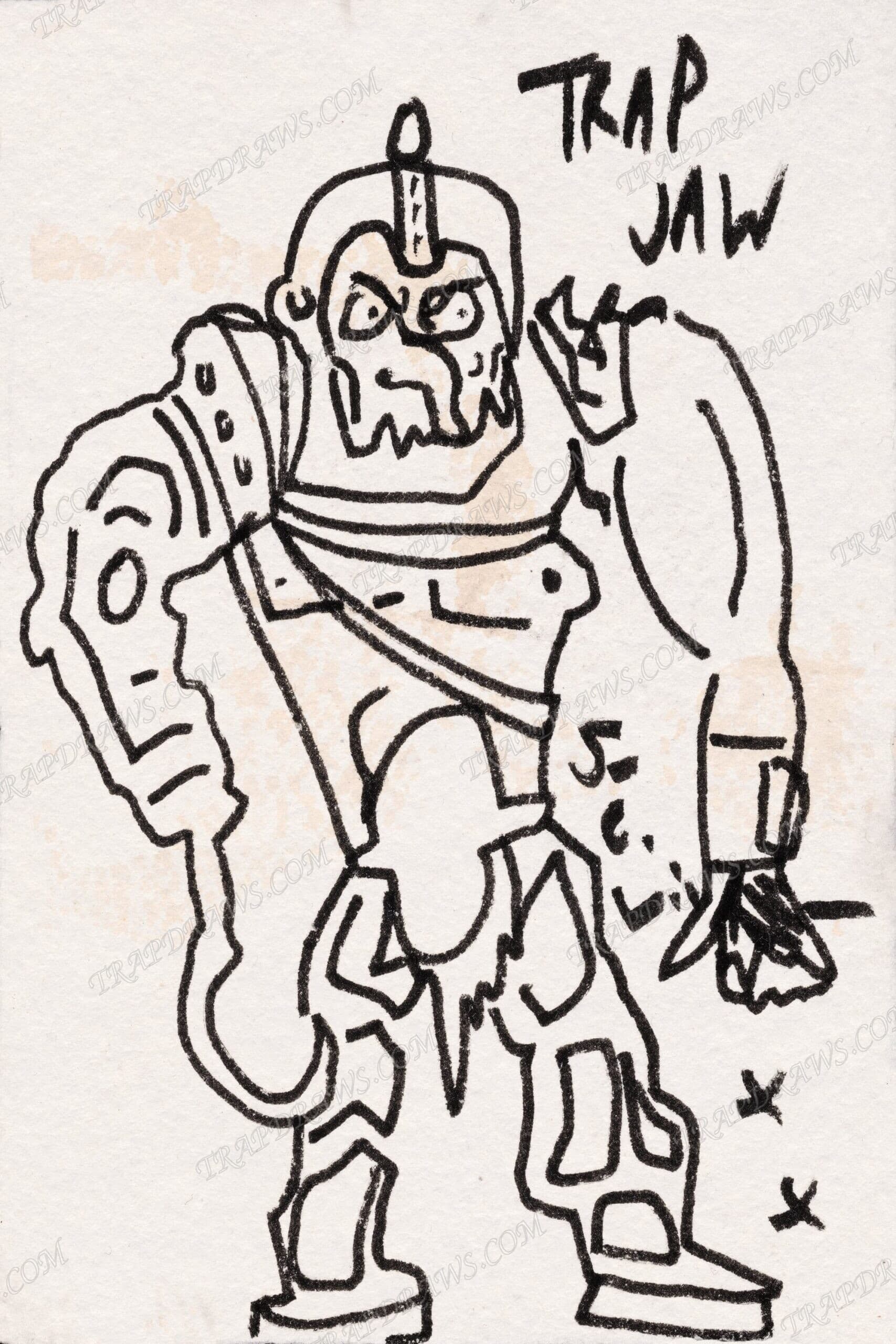 Trap Jaw standing square in bold unbroken marker line, hook arm at his side, TRAP JAW written beside him on coffee stained paper.