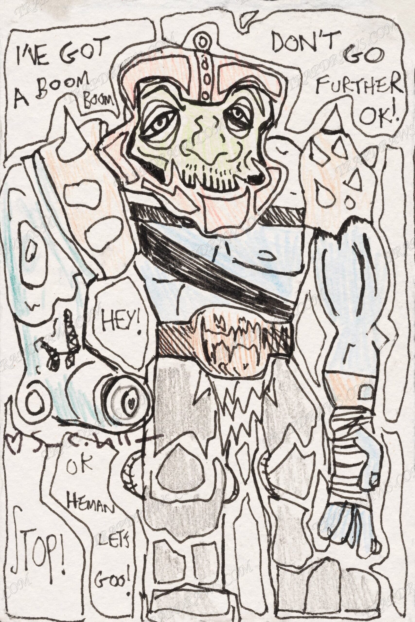Trap Jaw in colored pencil hemmed in by hand written speech bubbles, warning He-Man to come no further.