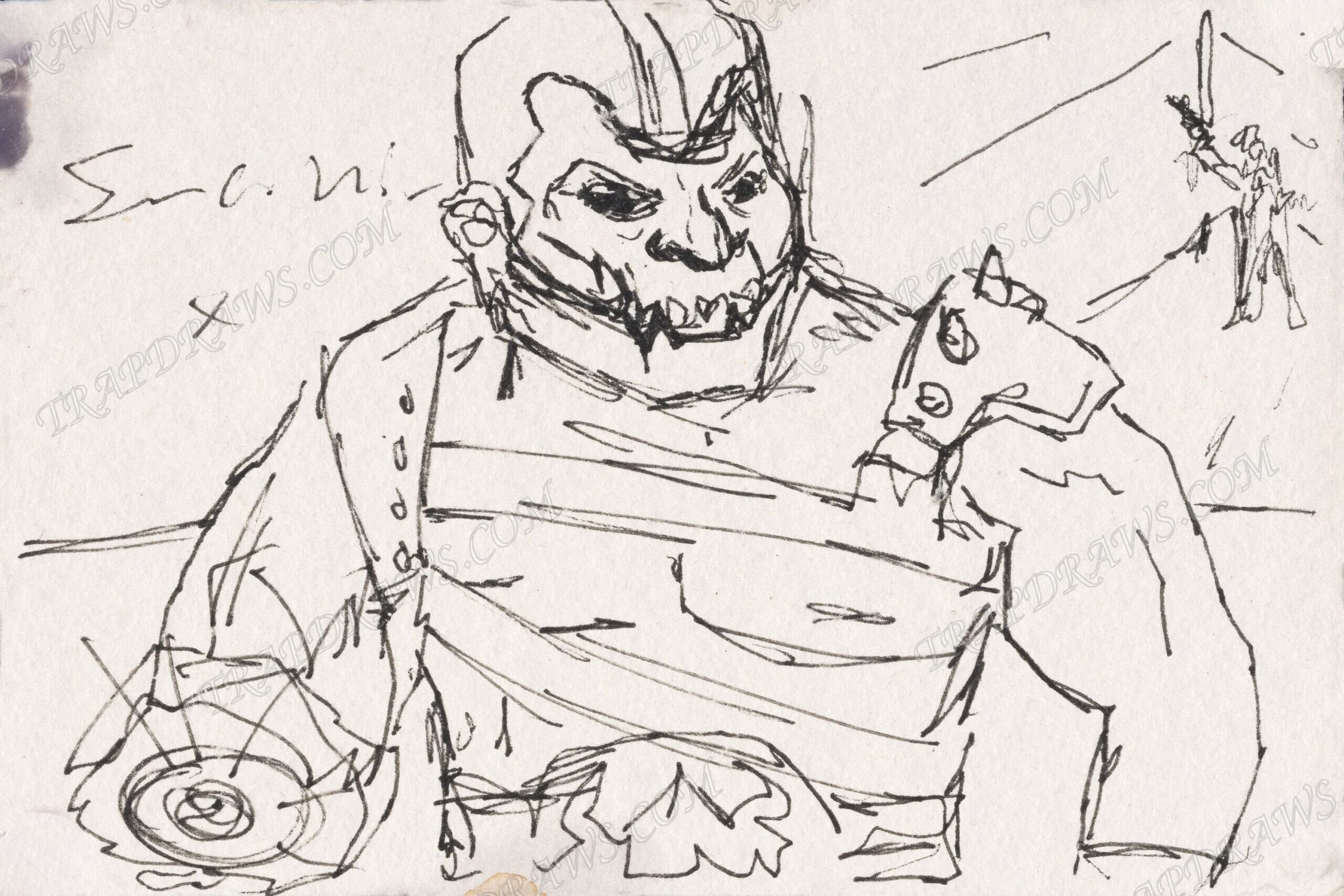 Ink sketch of Trap Jaw in bandolier and mechanical arm, a distant sword-bearing figure on the horizon at upper right.