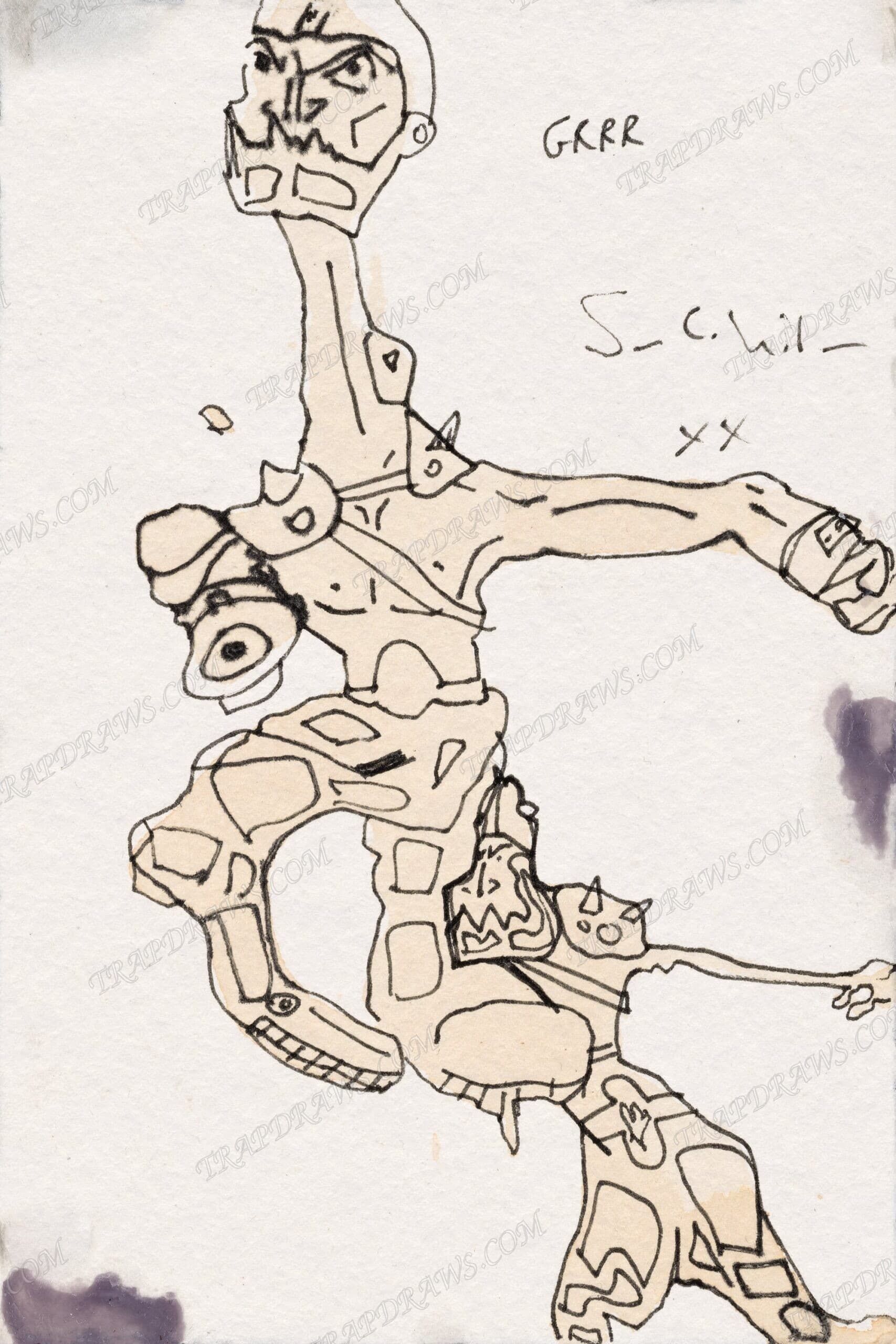 Trap Jaw sprawled in a twisting pose across coffee stained paper, limbs at all angles, violet blots at the page edges.