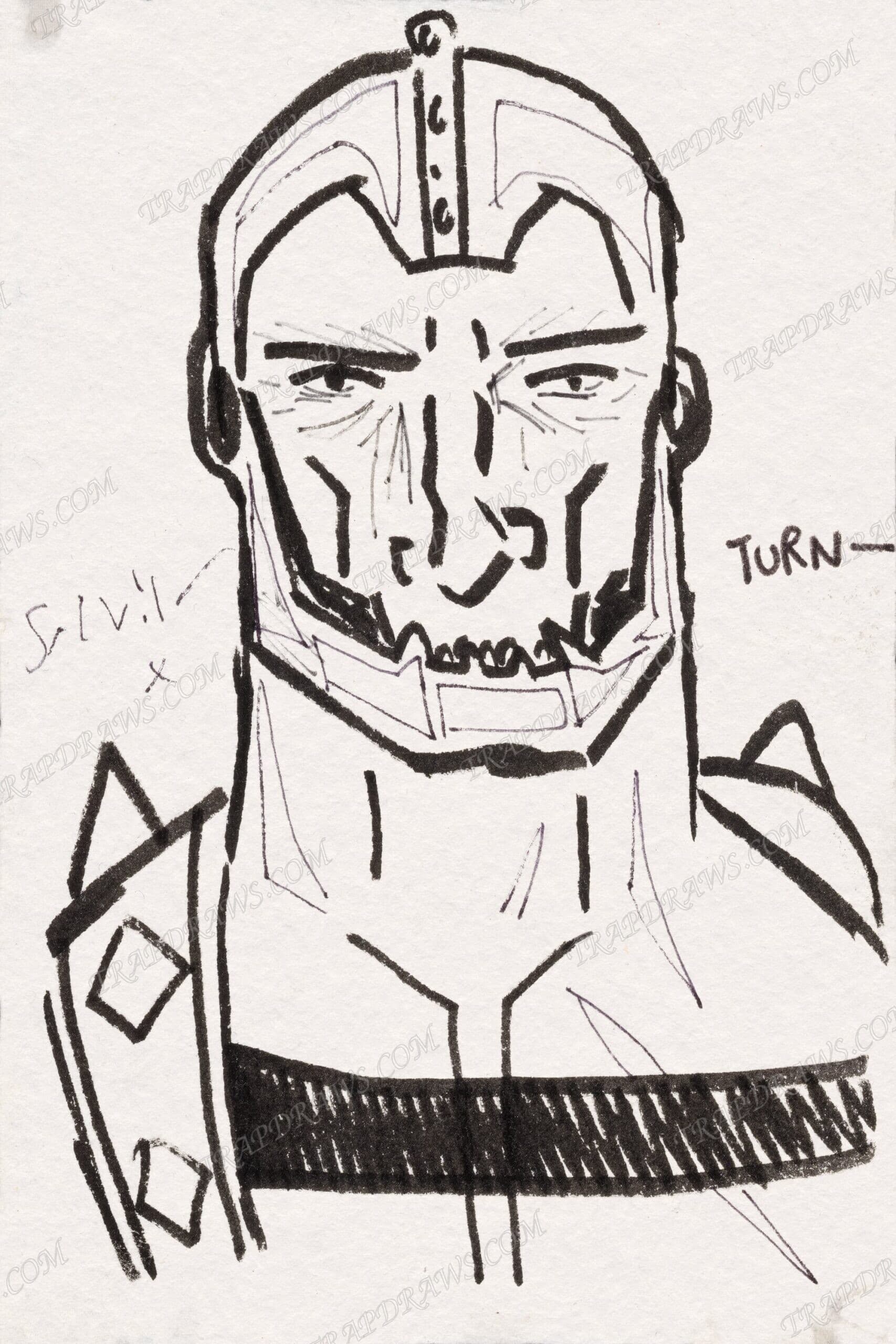 Trap Jaw bust facing forward in heavy brush marker over pencil, helmet crest and jaw plate, the word Turn written beside him.