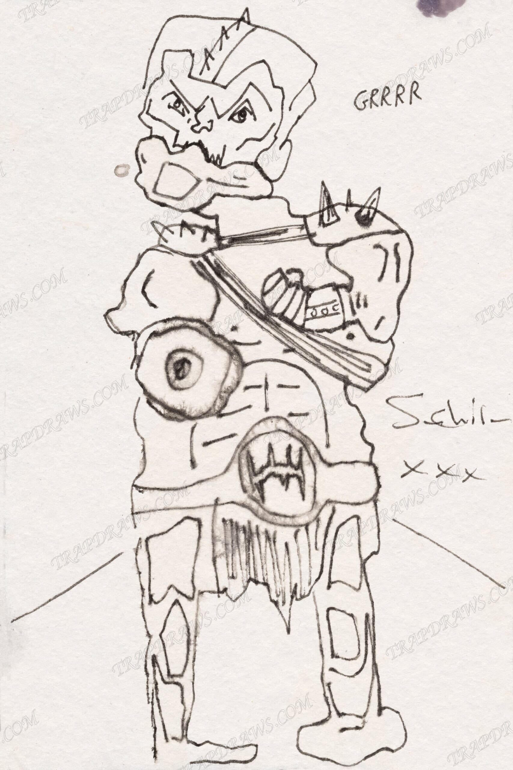 Trap Jaw standing full figure in loose pen, spiked shoulder armor and fanged belt, GRRRR written beside him, ink blots at the page corners.