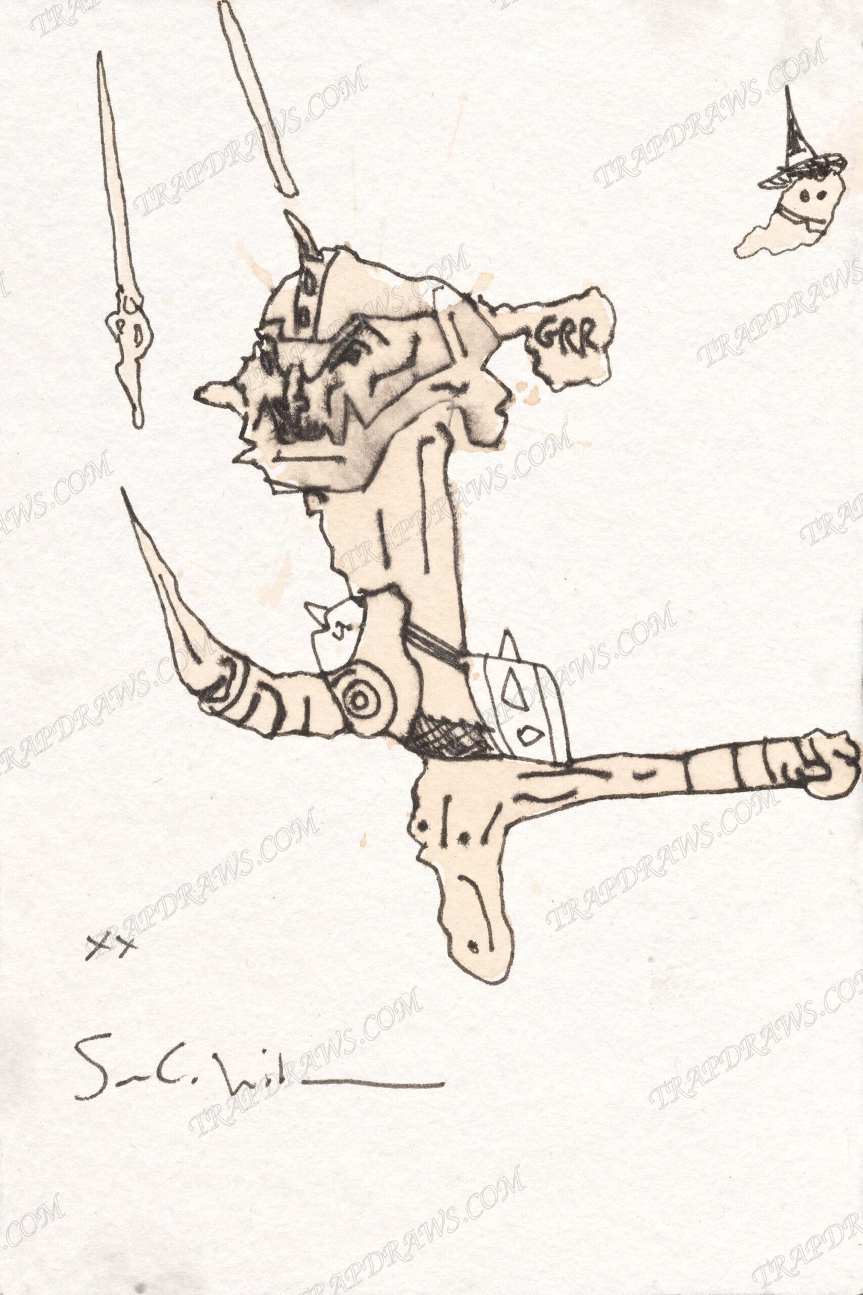 Coffee washed Trap Jaw growling GRR while daggers fall around him and a tiny ghost in a witch hat floats in the corner.