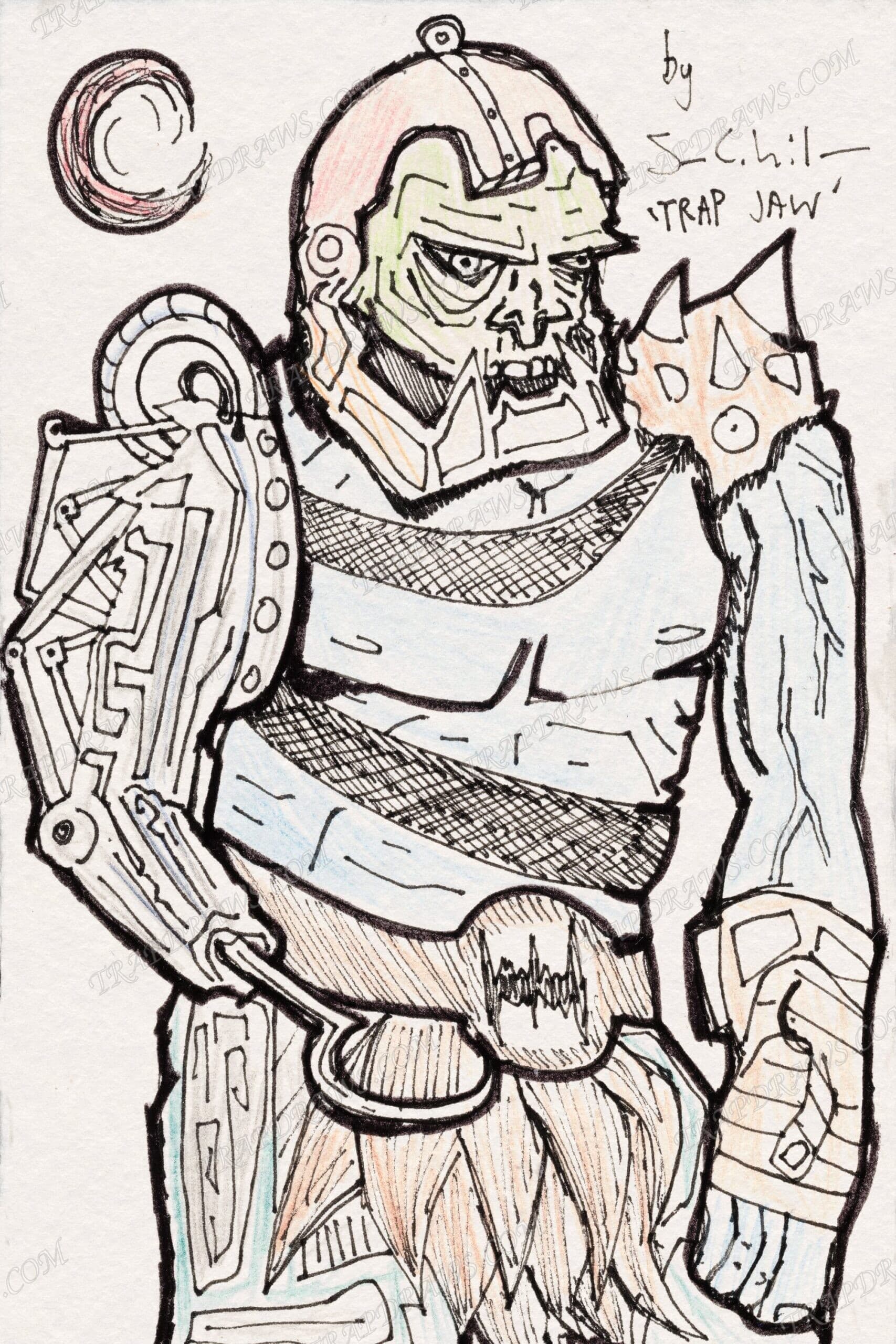 Trap Jaw in colored pencil under a red crescent moon, mechanical arm drawn in full linkage detail, orange fur and blue armor.