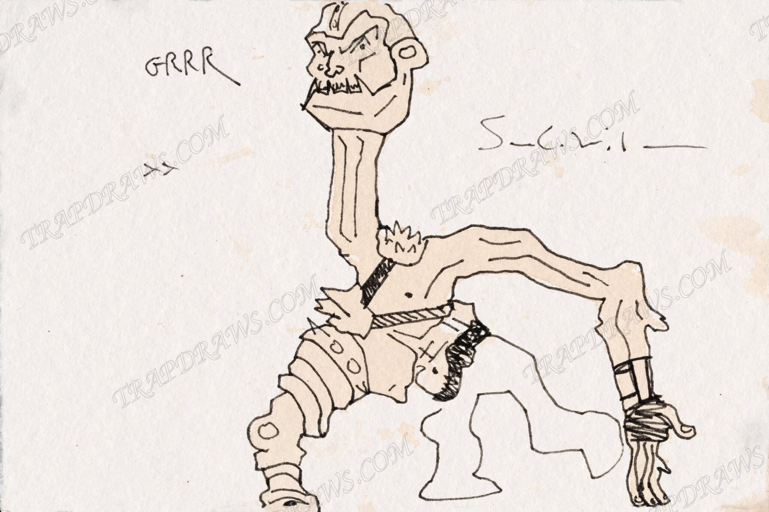 Landscape coffee stained drawing of Trap Jaw with an impossibly long neck, grinning, GRRR written beside him.