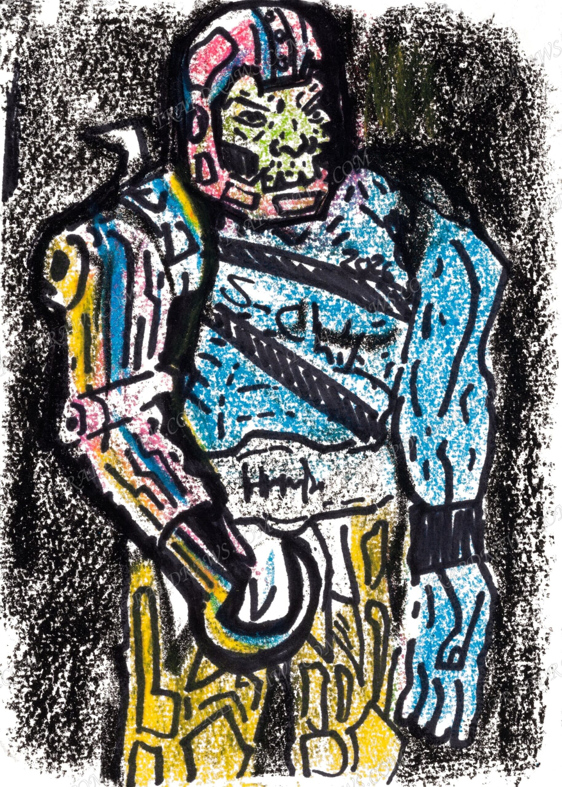 Trap Jaw in heavy crayon over black marker, pink helmet, green face, blue and yellow body against a scribbled black field.