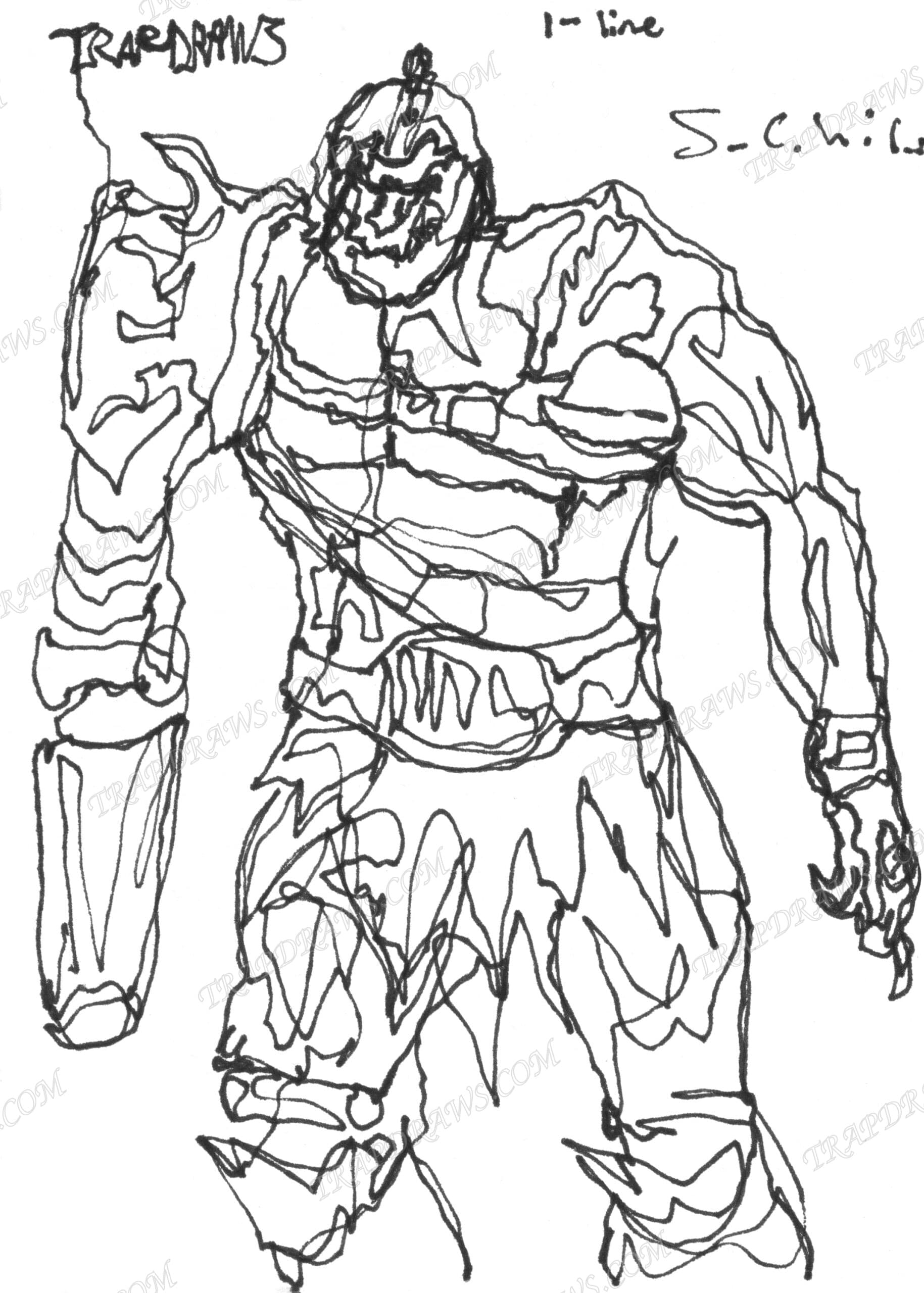 Trap Jaw drawn as one continuous ink line, full figure, the pen never lifting from helmet to boots.