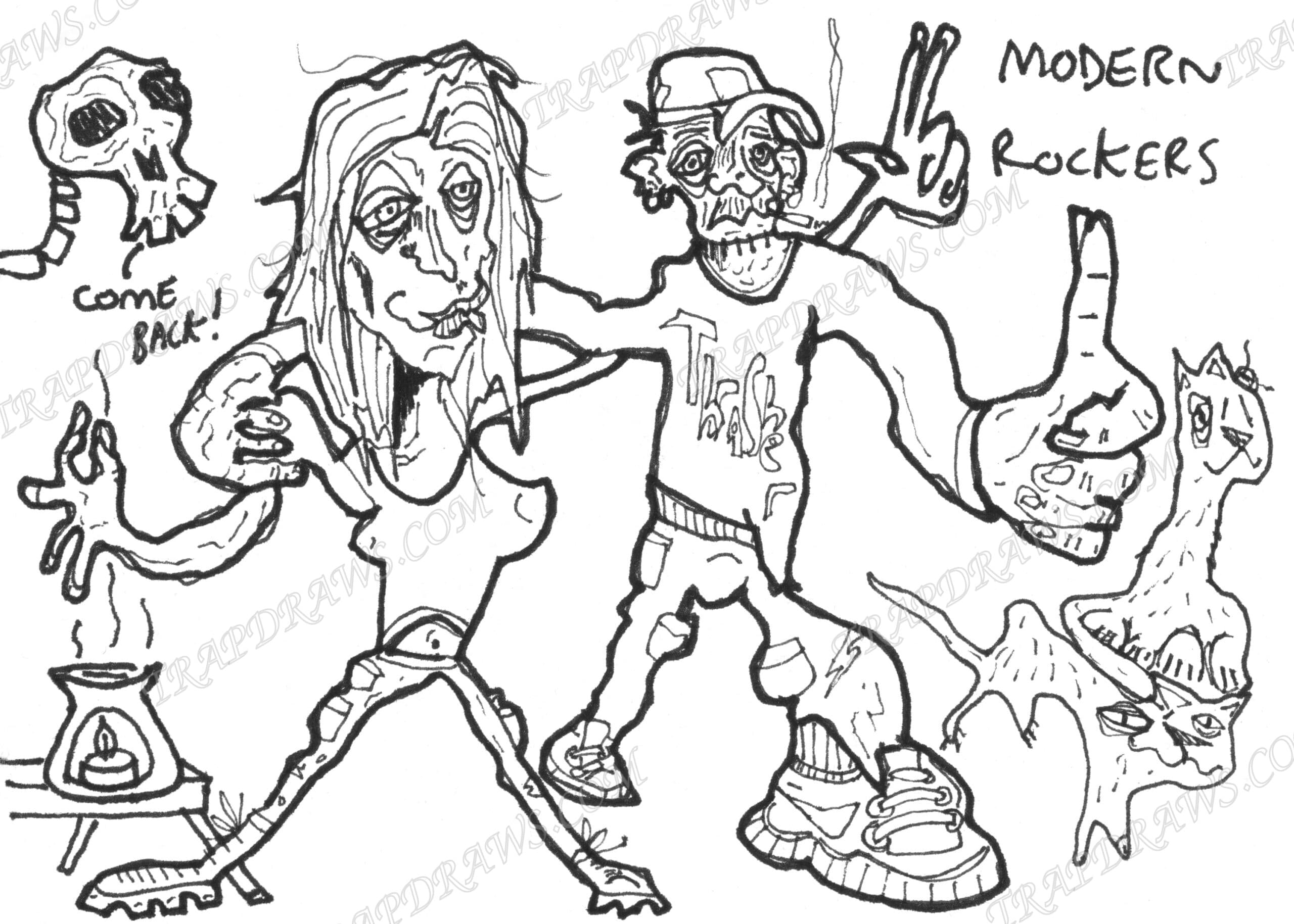 Two gaunt rockers mid pose, one in a Thrasher shirt flashing a peace sign, a skull shouting COME BACK, two cats and an incense burner around them.