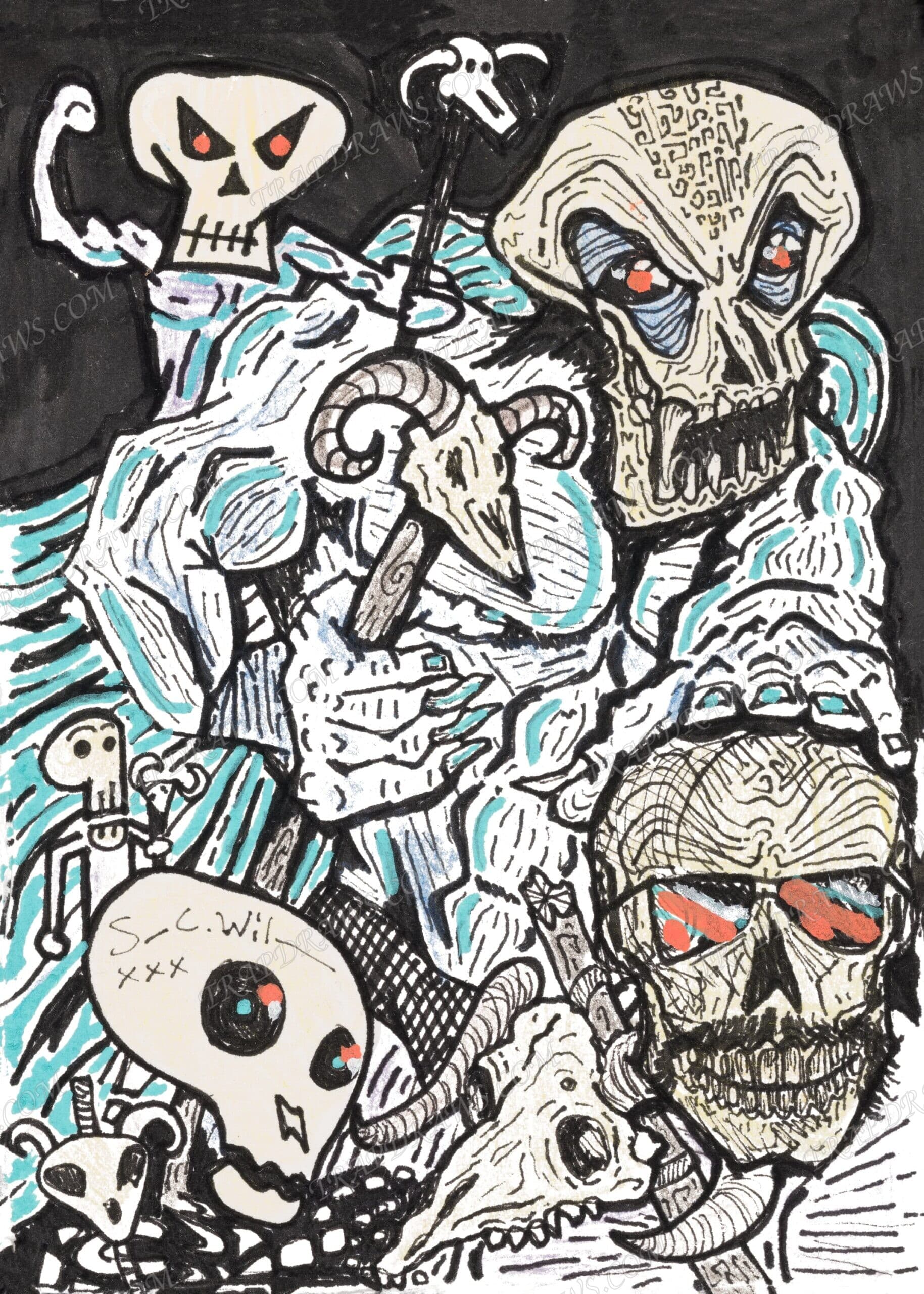 A stacked collage of skulls in ink and marker, ram horns and carved runes, teal strokes cutting through a black field, red glints in the eye sockets.