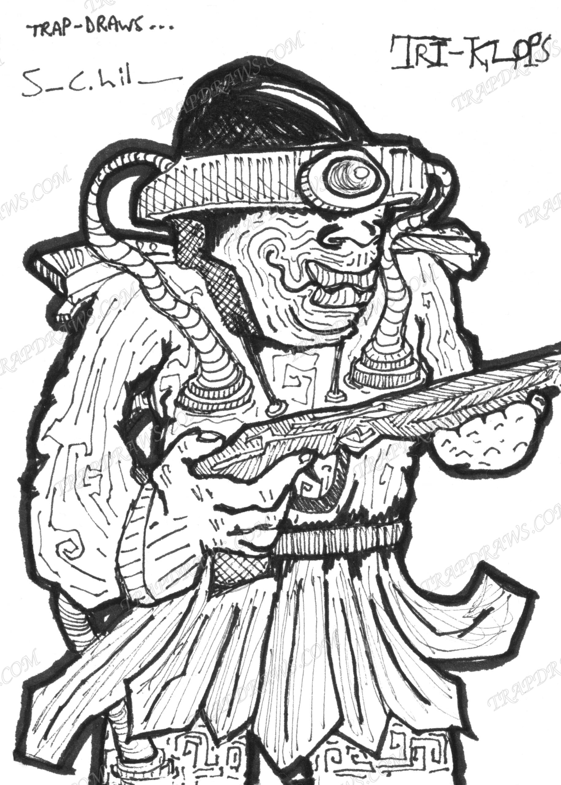 Tri-Klops leveling his sword, visor eye forward, cables running from his shoulders, drawn in dense patterned ink.