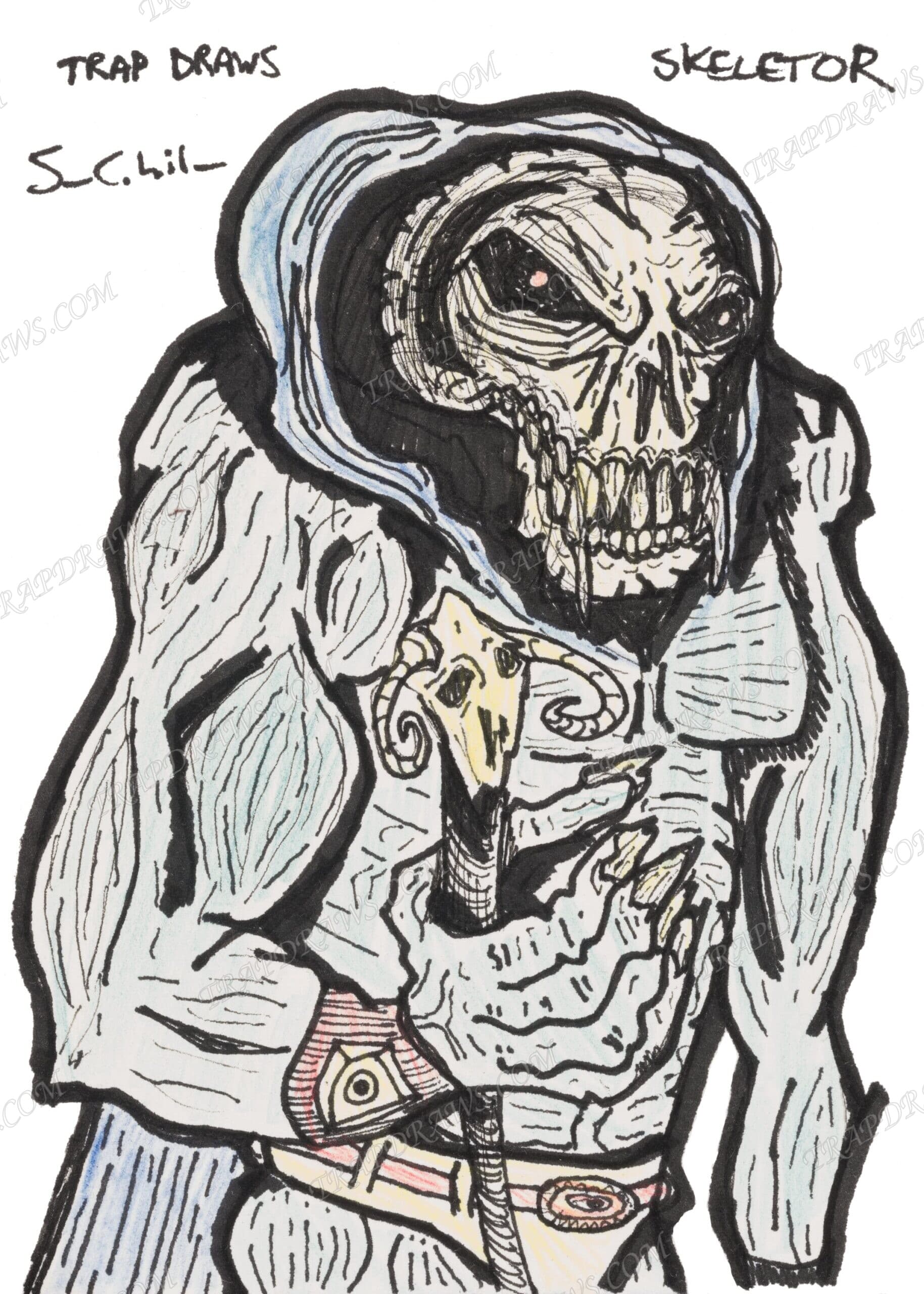 Skeletor in a pale blue hood clutching the ram skull Havoc Staff to his chest, bared teeth and pinpoint red pupils, heavy ink hatching over colored pencil.