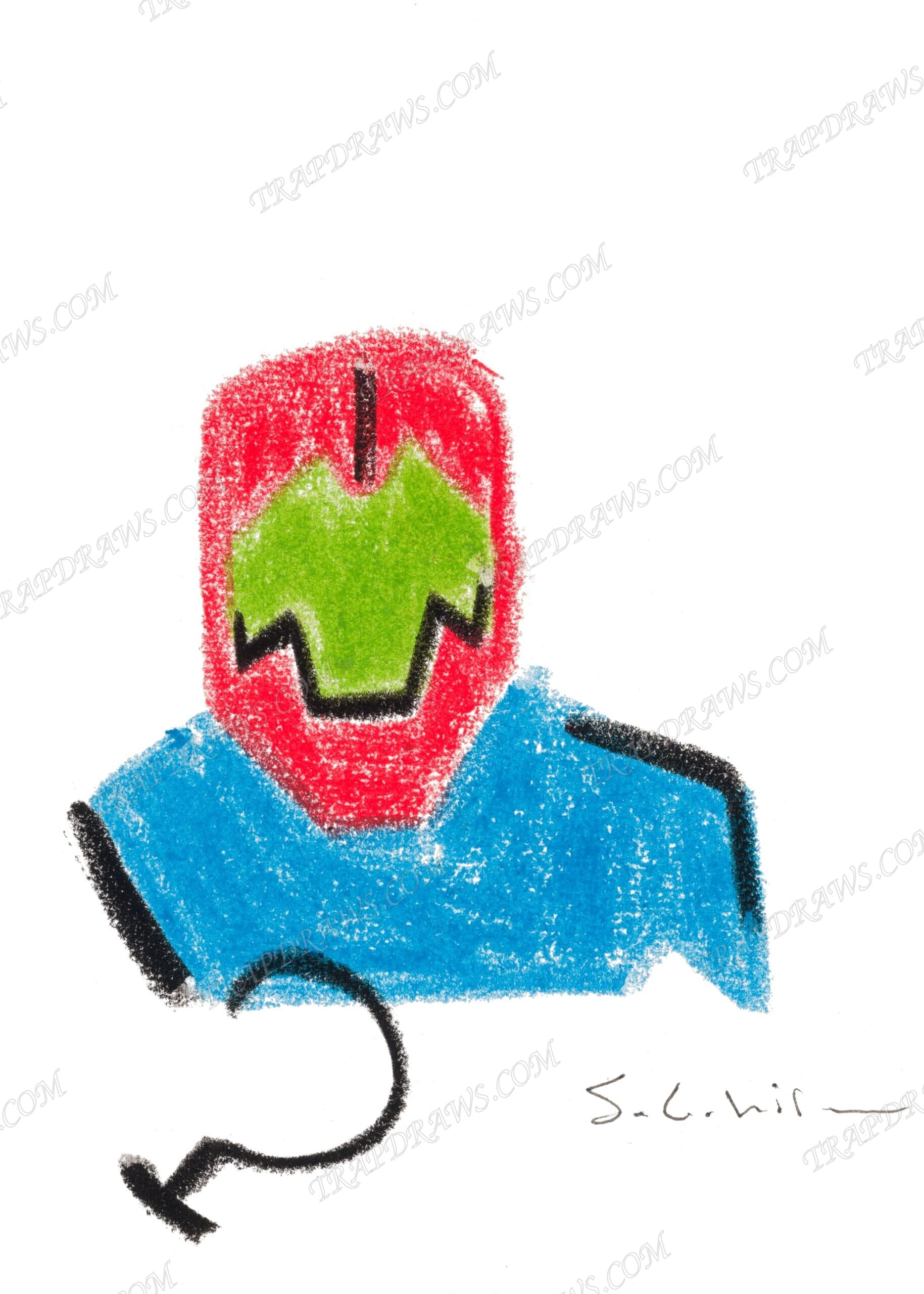 Trap Jaw bust in soft crayon strokes, red helmet over a green face, blue shoulders, the black mechanical arm curling below.