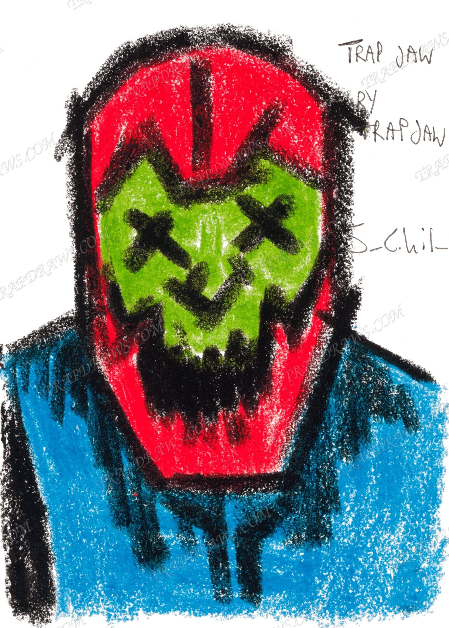 Trap Jaw with crossed out eyes and a stitched grin, drawn in rough crayon, red helmet and blue chest ringed in black, inscribed Trap Jaw by Trap Jaw.