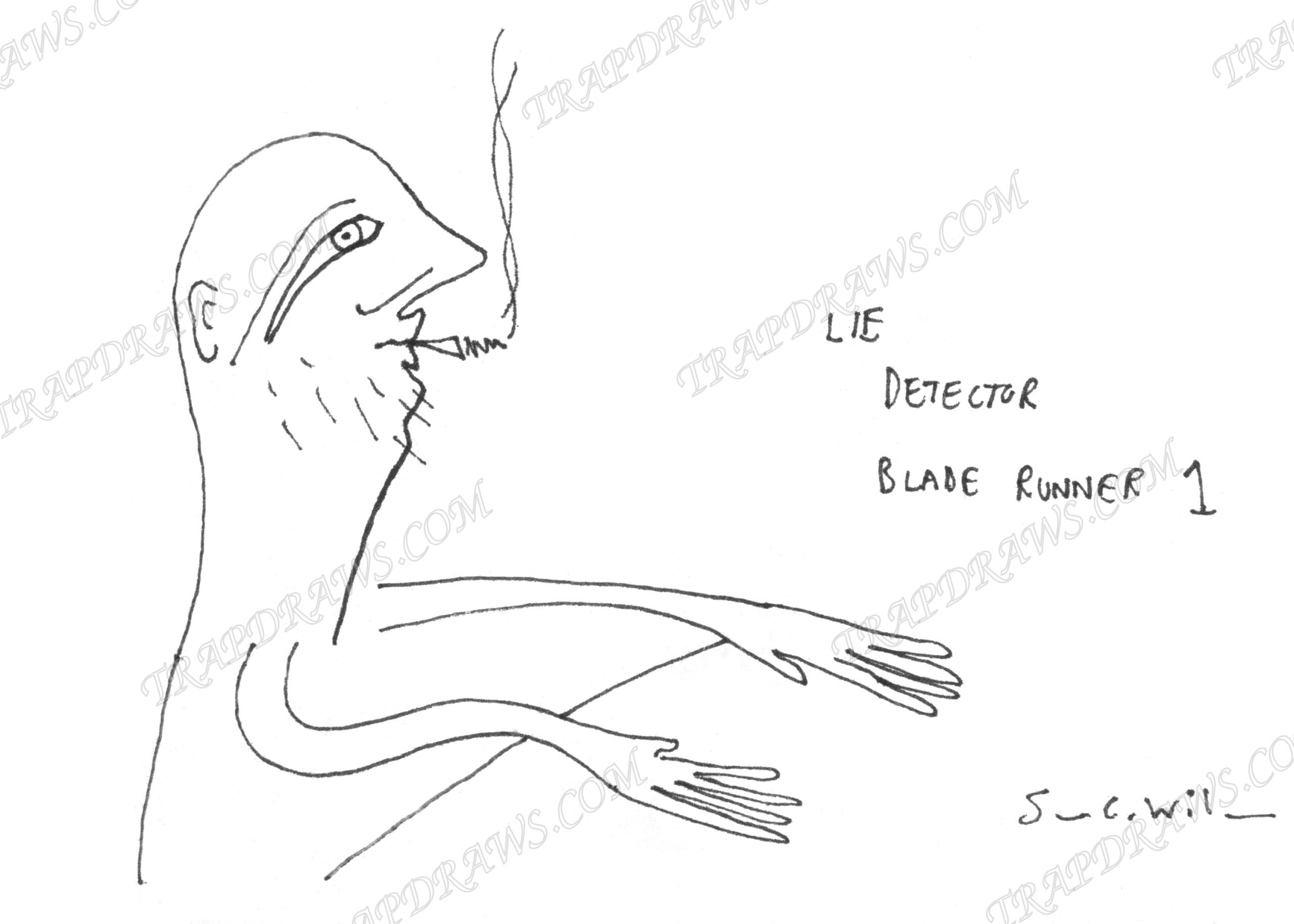 Ink line drawing of a long necked figure in profile smoking at a lie detector table, hands spread flat, smoke rising in a thin wisp.
