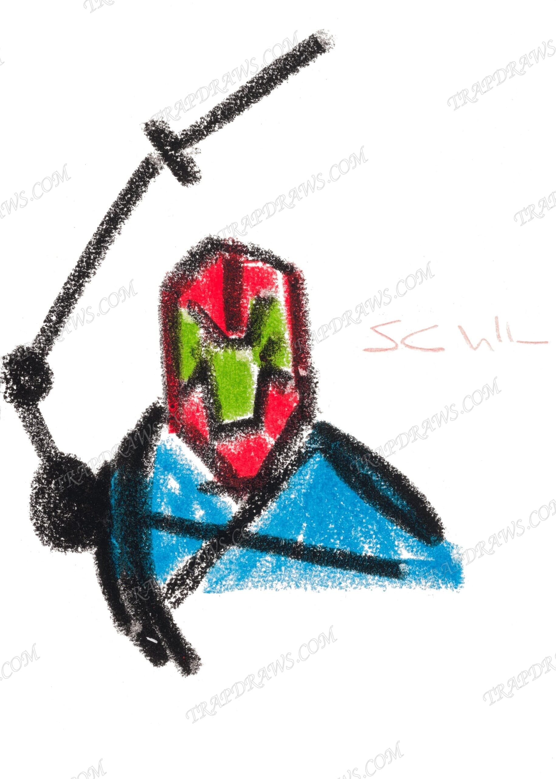 Trap Jaw raising his blade arm overhead in loose crayon, red and green helmet, blue torso, signed in red.