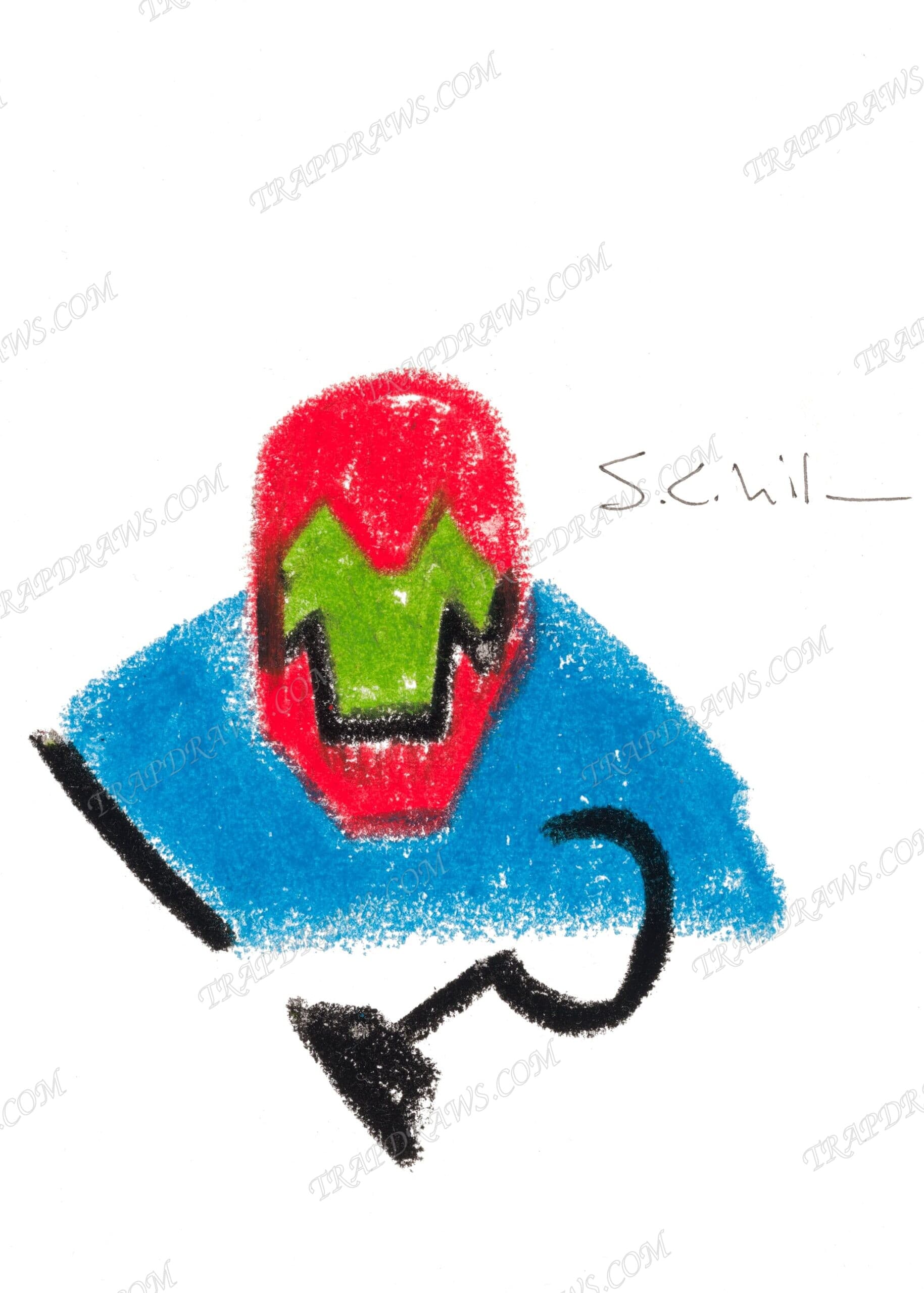Minimal crayon Trap Jaw, red helmet and green jaw over a blue triangular torso, the black hook arm sweeping down.