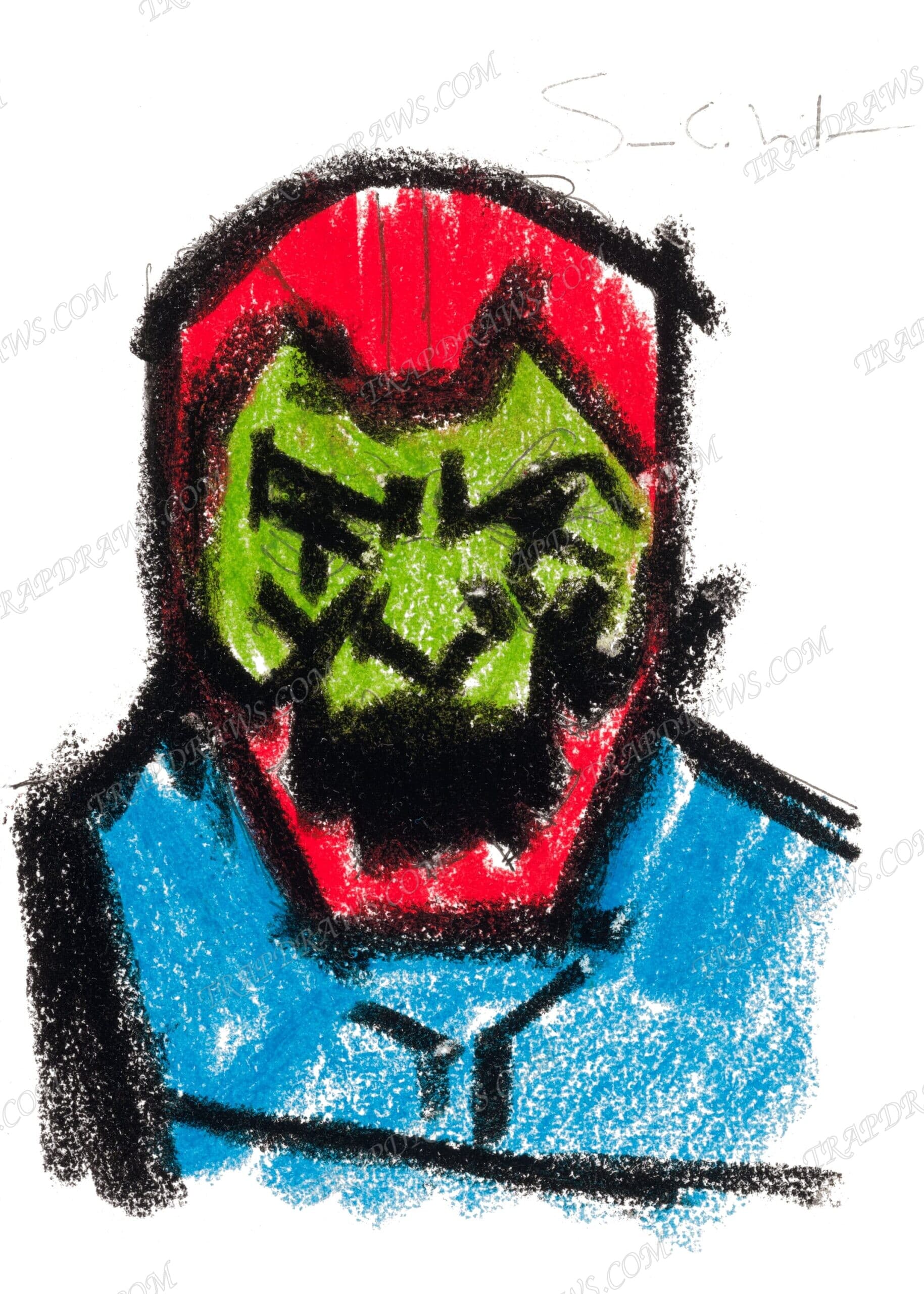 Trap Jaw in aggressive crayon over visible pencil, scribbled black features on a green face, harness straps across a blue chest.
