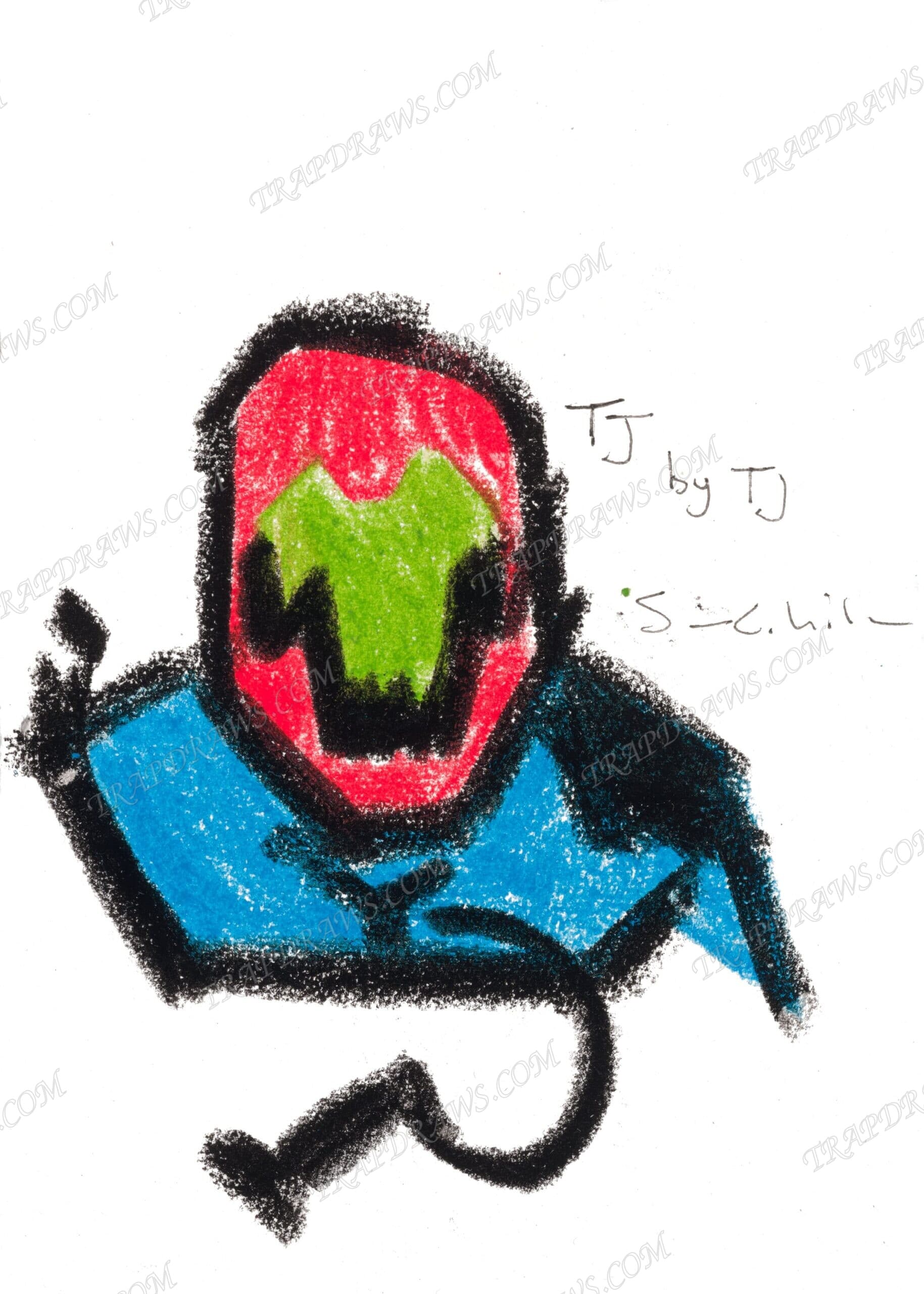 Trap Jaw self portrait inscribed TJ by TJ on the paper, green skull face with hollow black eyes, blue shoulders and the hook arm below.