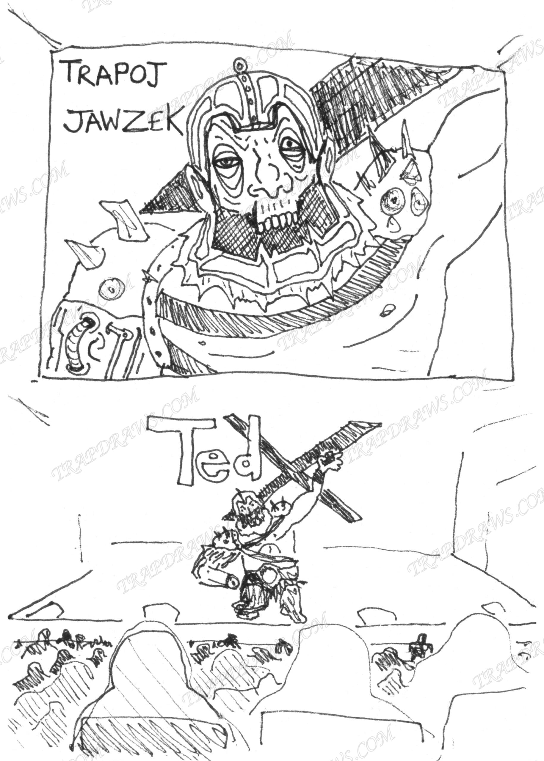 Two panel ink comic, a banner portrait labeled Trapoj Jawzek above Trap Jaw giving a talk on stage with his sword raised before a crowd.