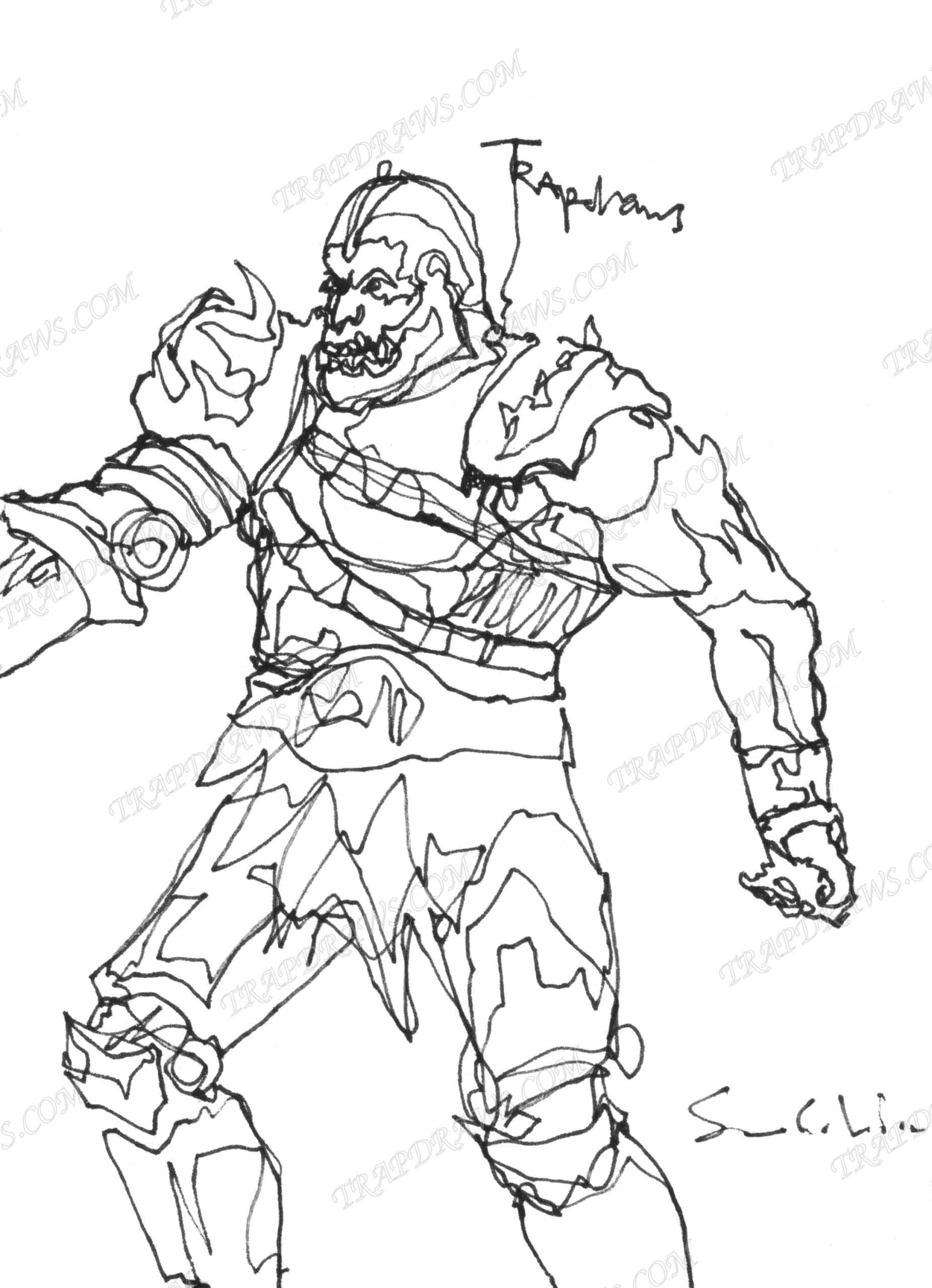Trap Jaw full figure in loose overlapping contour lines, armor and hook found in a few passes of the pen.