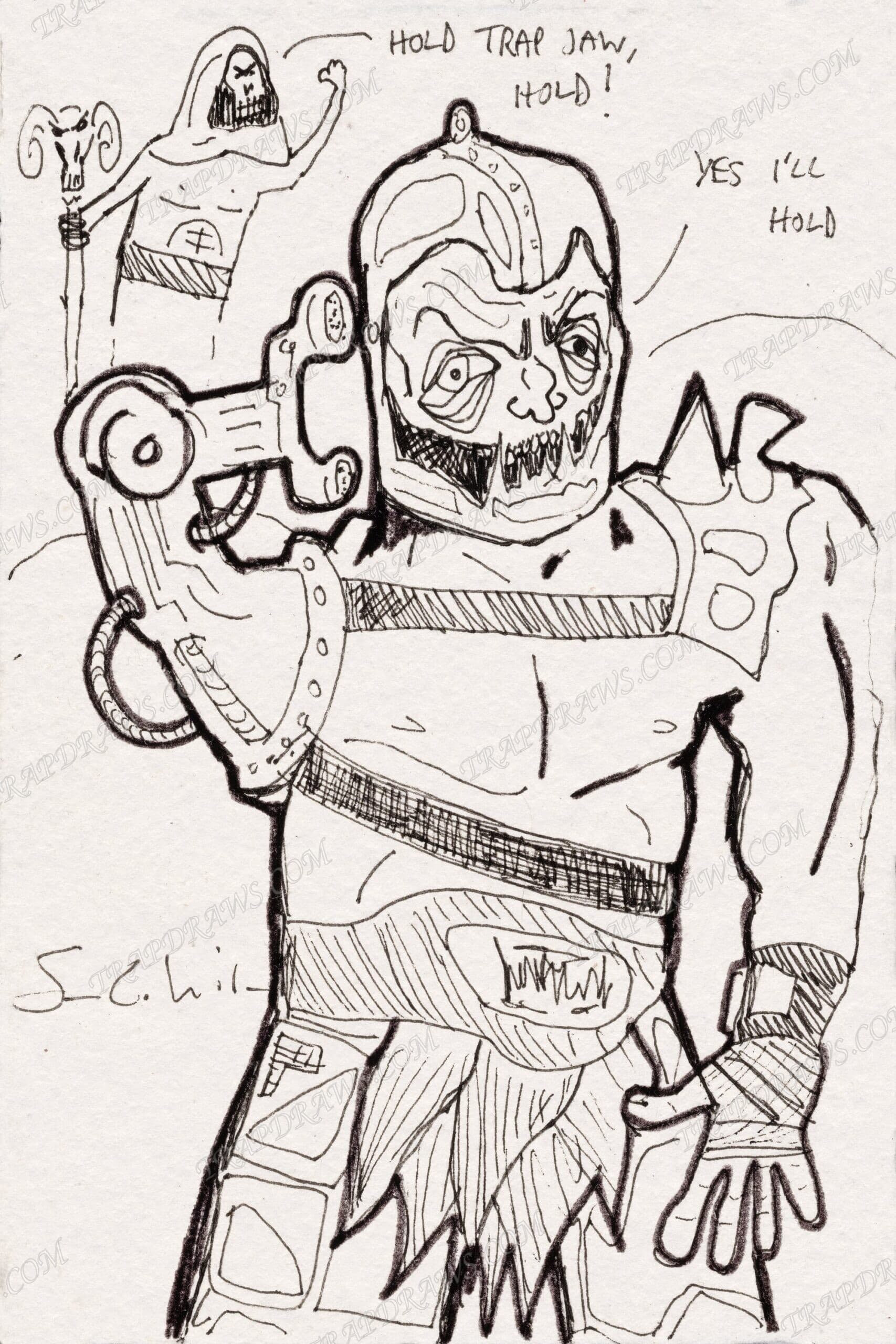 Skeletor raising a fist in the background ordering Hold Trap Jaw Hold while Trap Jaw levels his gun arm and answers Yes I'll Hold.